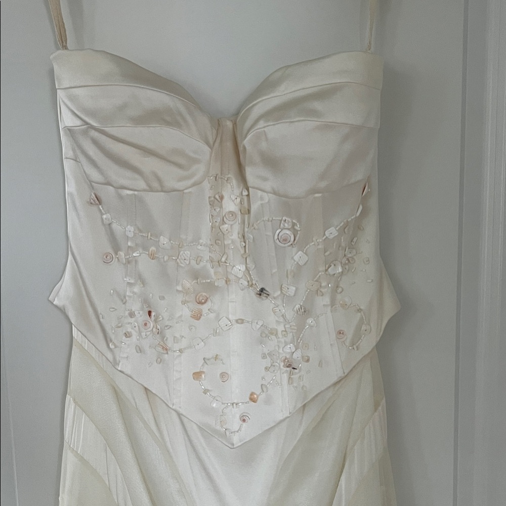 Beach Wedding Dress / Sue Wong Cream Silk Strapless Dress with Seashells.